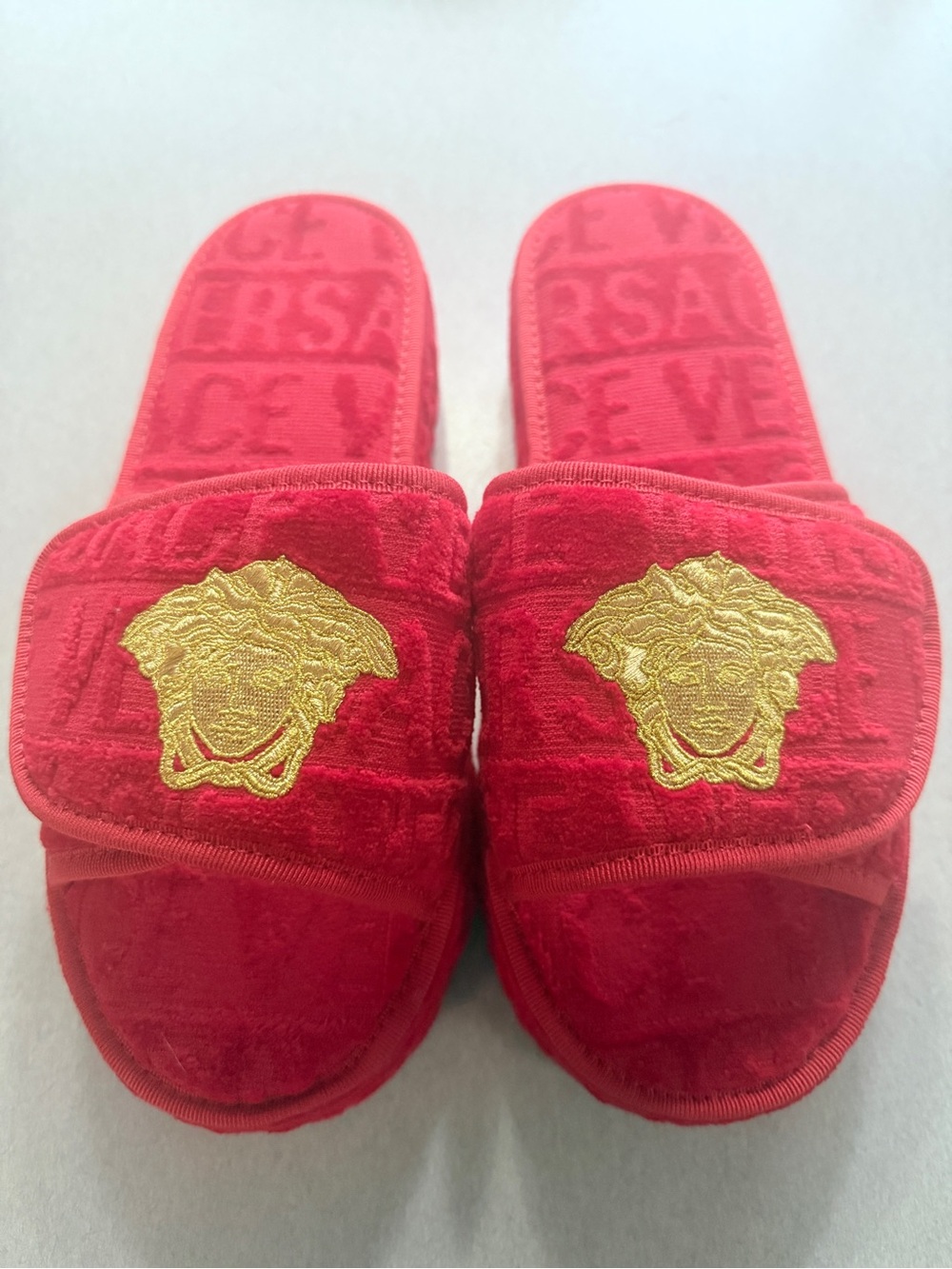 Versace Red Terry Slides with Gold Medusa Embroidery